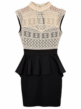Mystic Women’s Small Black Lace Peplum Sheath Dress Zip Made in USA